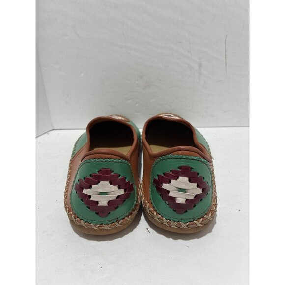 Handcrafted Womens Green & Brown Leather Slip-On Shoes With Woven Pattern Design - Picture 4 of 8